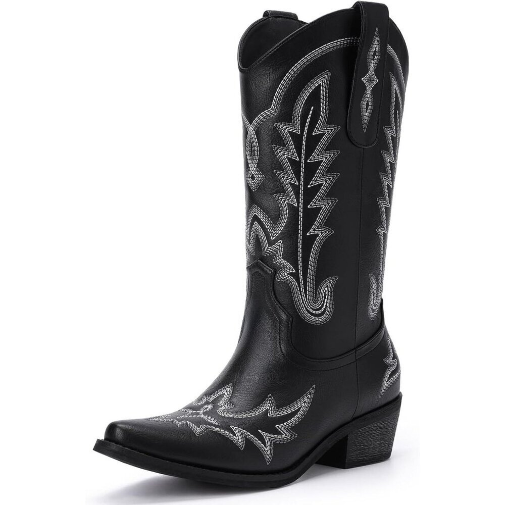 Women Black Polyurethane (PU Embroided Chunky Heel Mid Calf Fashion Western Boot